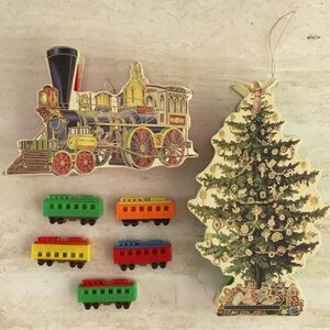 Vintage 1983 Shackman Christmas Train Ornament & Xmas Tree Train Set Lot of 2